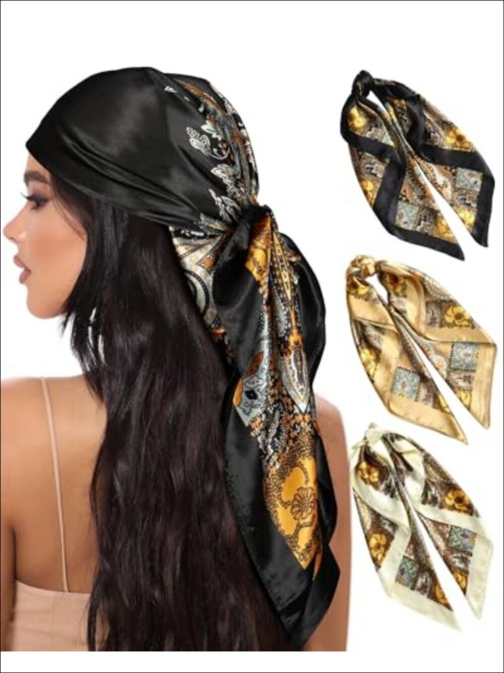 Satin Head Scarf 3 Pc 35 Inch Silk Feel Hair Wrap Bandana for Women